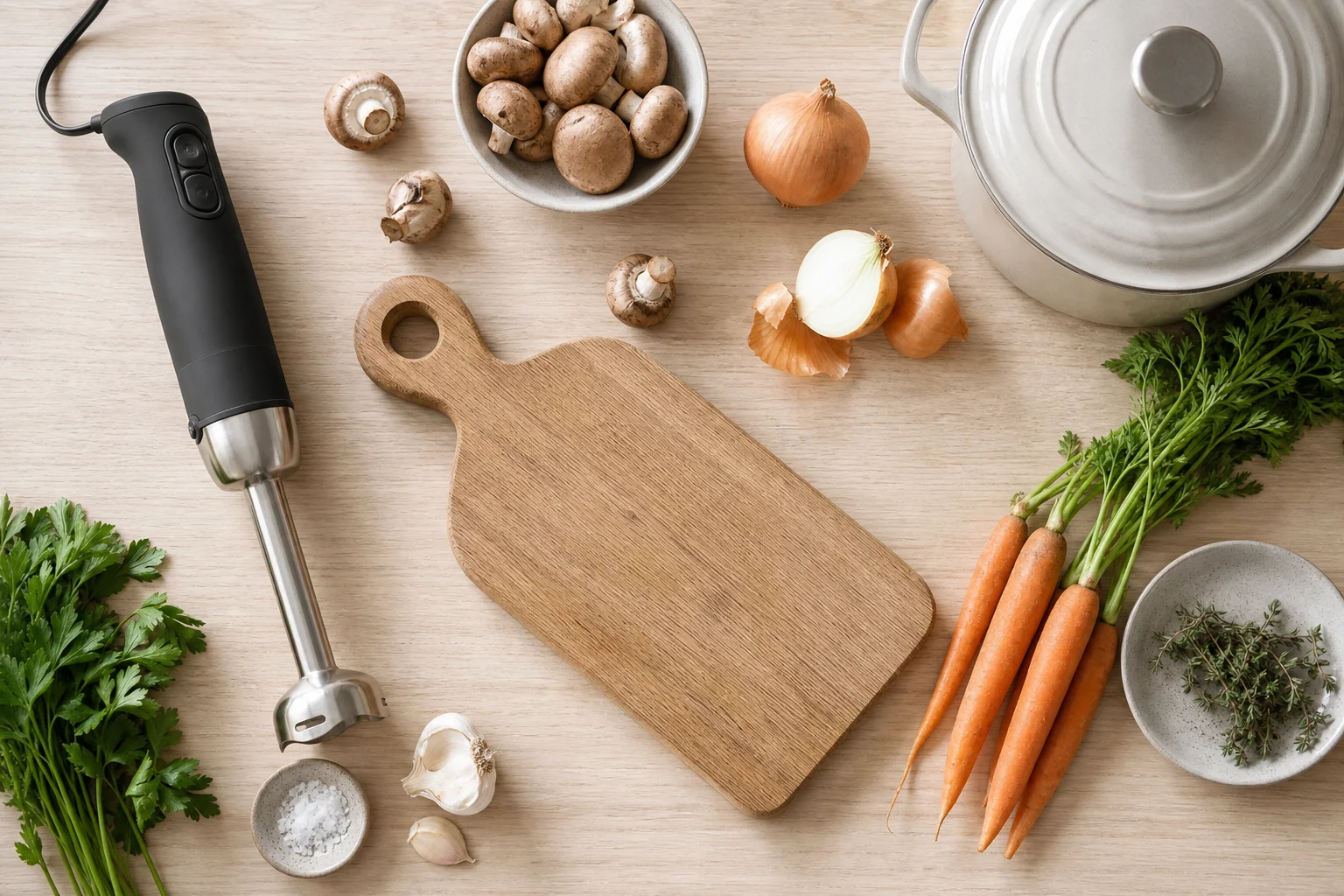 Overhead view of kitchen counter with hand blender and various ingredients for soup preparation