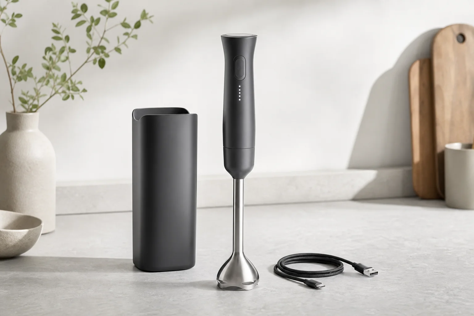 Cordless hand blender with LED charge indicator and storage case on kitchen counter
