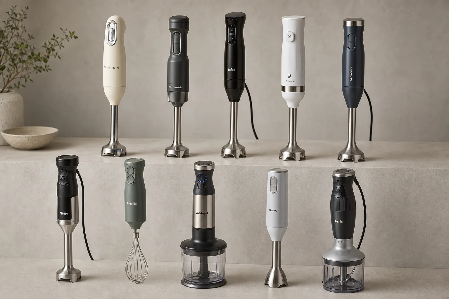 Collection of ten hand immersion blenders arranged on concrete surface