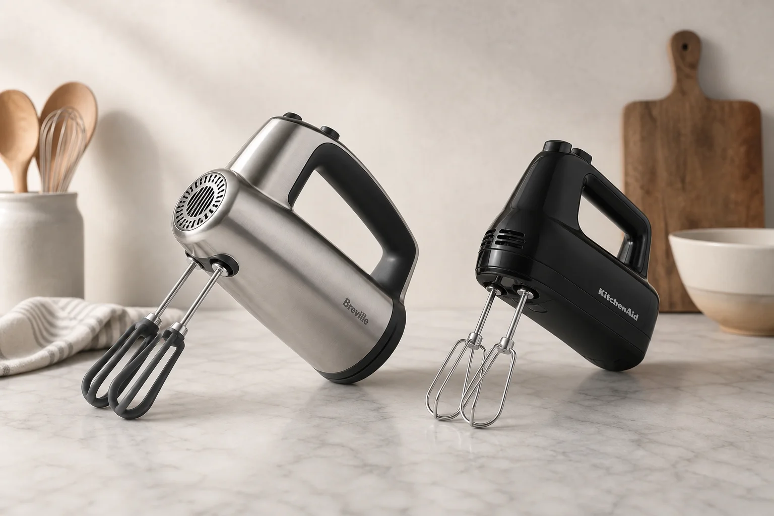 Breville Handy Mix Scraper och Cuisinart Power Advantage Plus elvispar på en marmoryta