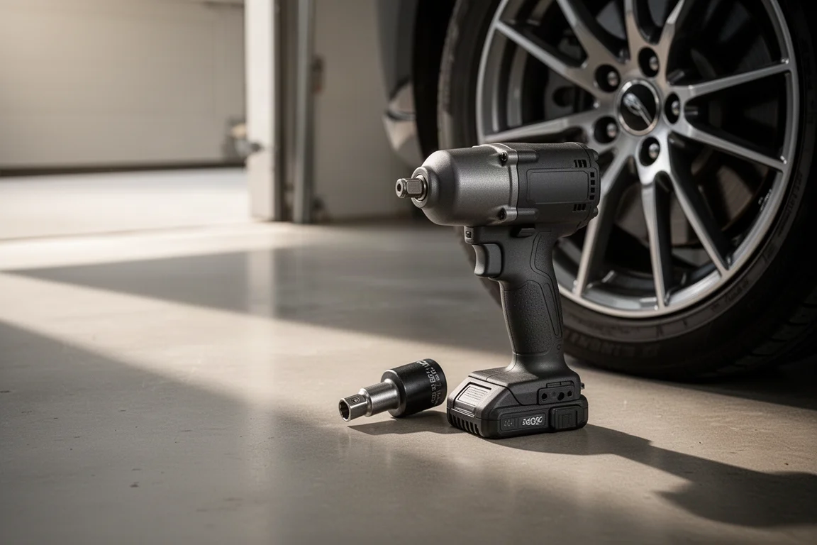 Chiave ad impatto a batteria appoggiata sul pavimento del garage vicino a una ruota
