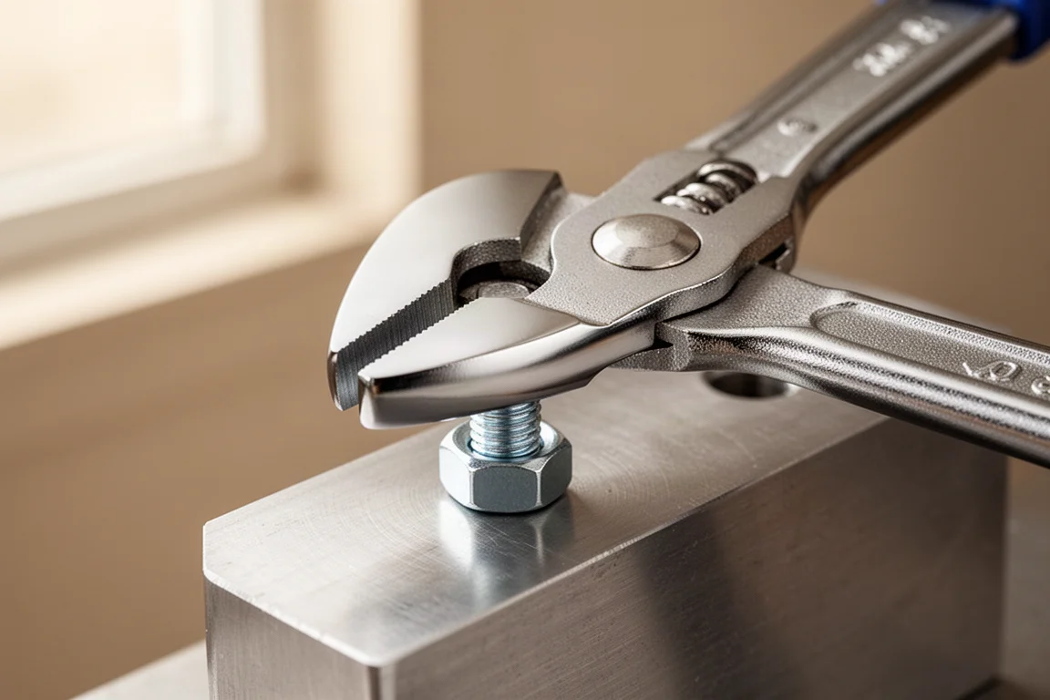 Pliertangen die een zeskantige bevestiging vastpakken op een metalen werkstuk