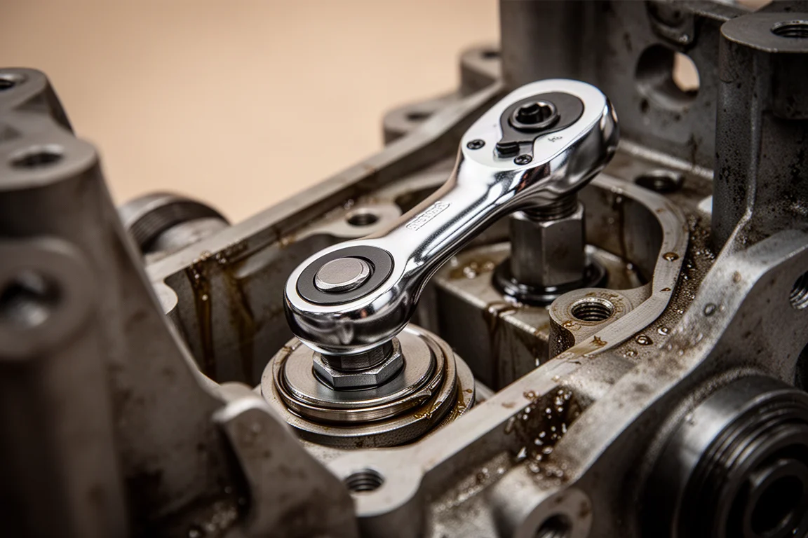 Rolratelkop die een bevestiging draait in een krappe mechanische ruimte
