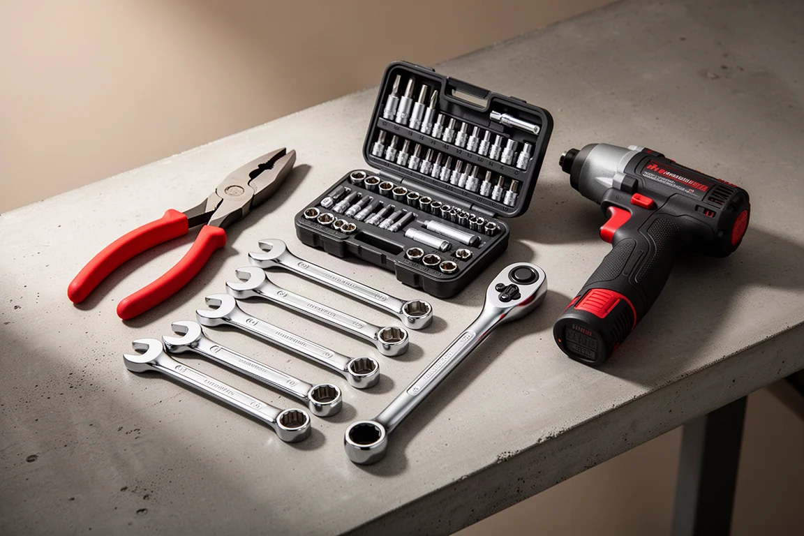 Flat-lay of hand tools including pliers wrenches, combination wrenches, ratchet and compact impact driver on a workbench