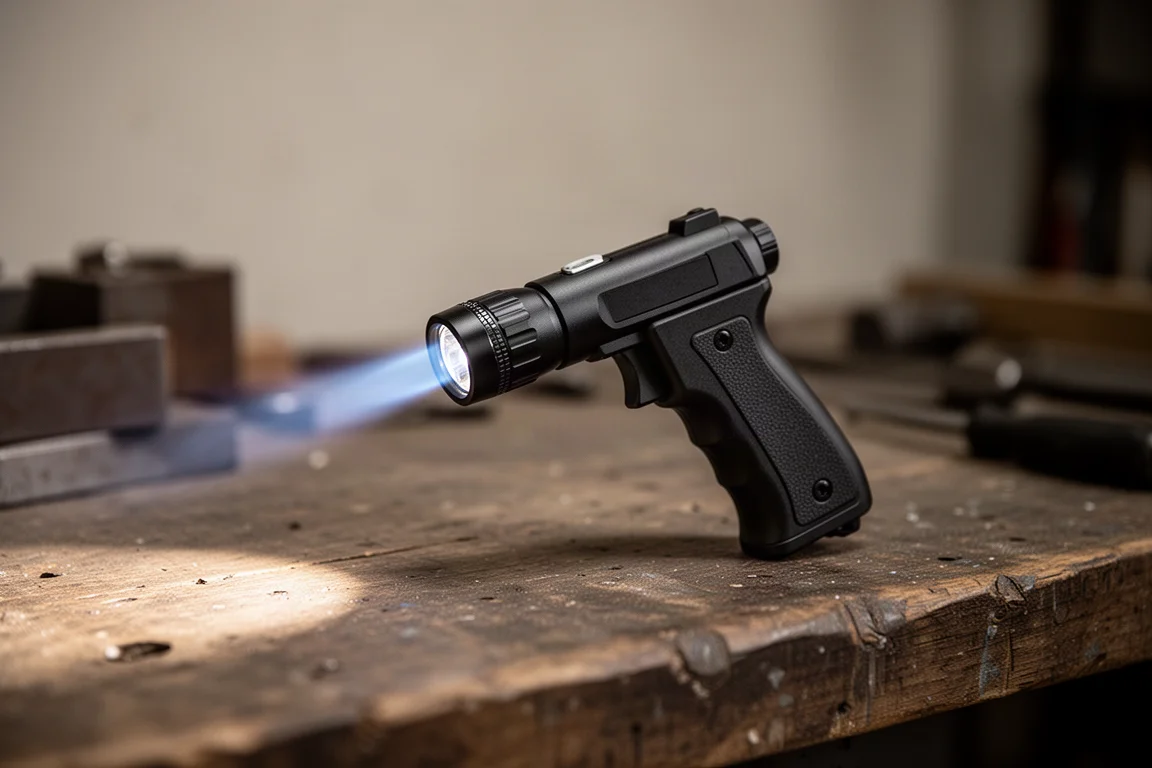Una antorcha de mano encendiéndose con una llama azul estable sobre un banco de trabajo