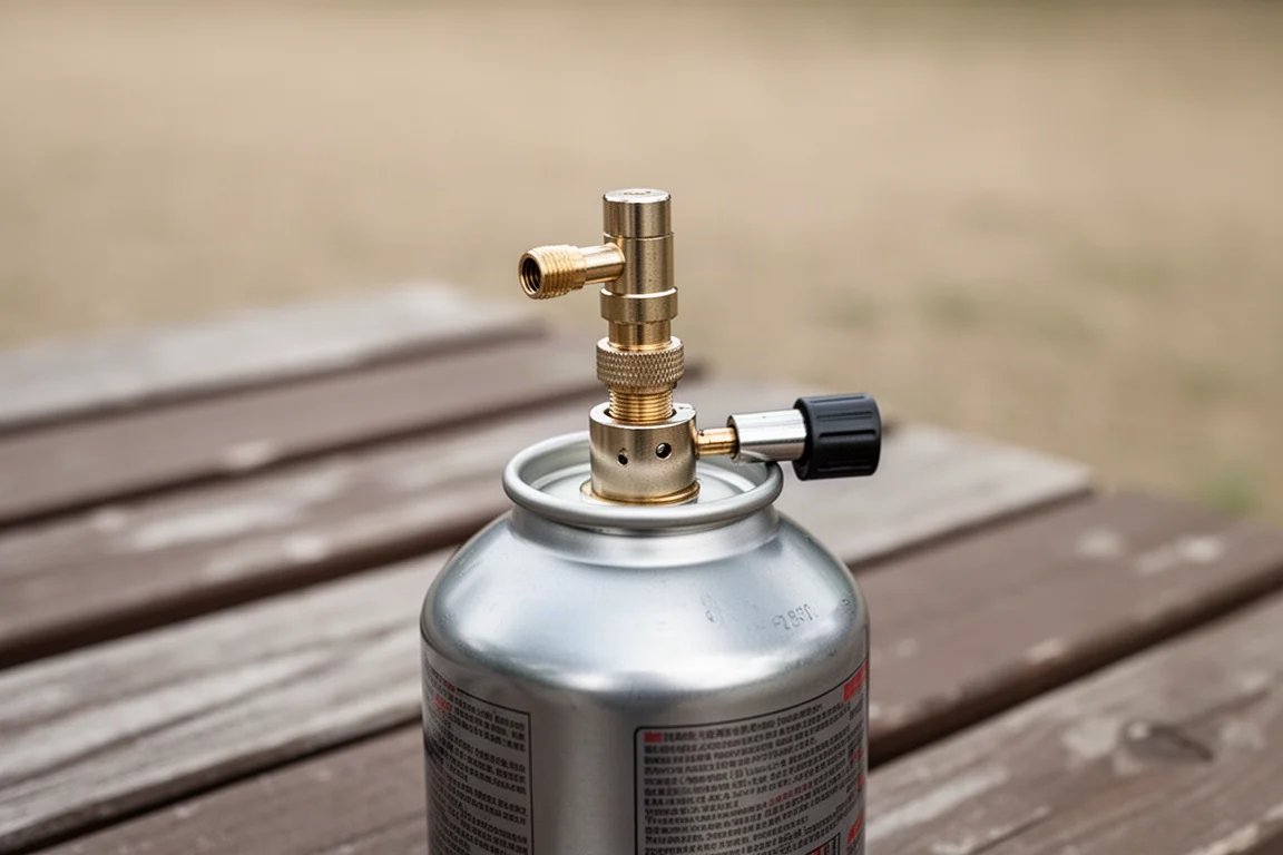 Un pequeño adaptador de llenado transfiriendo butano de una botella al depósito de combustible de una antorcha