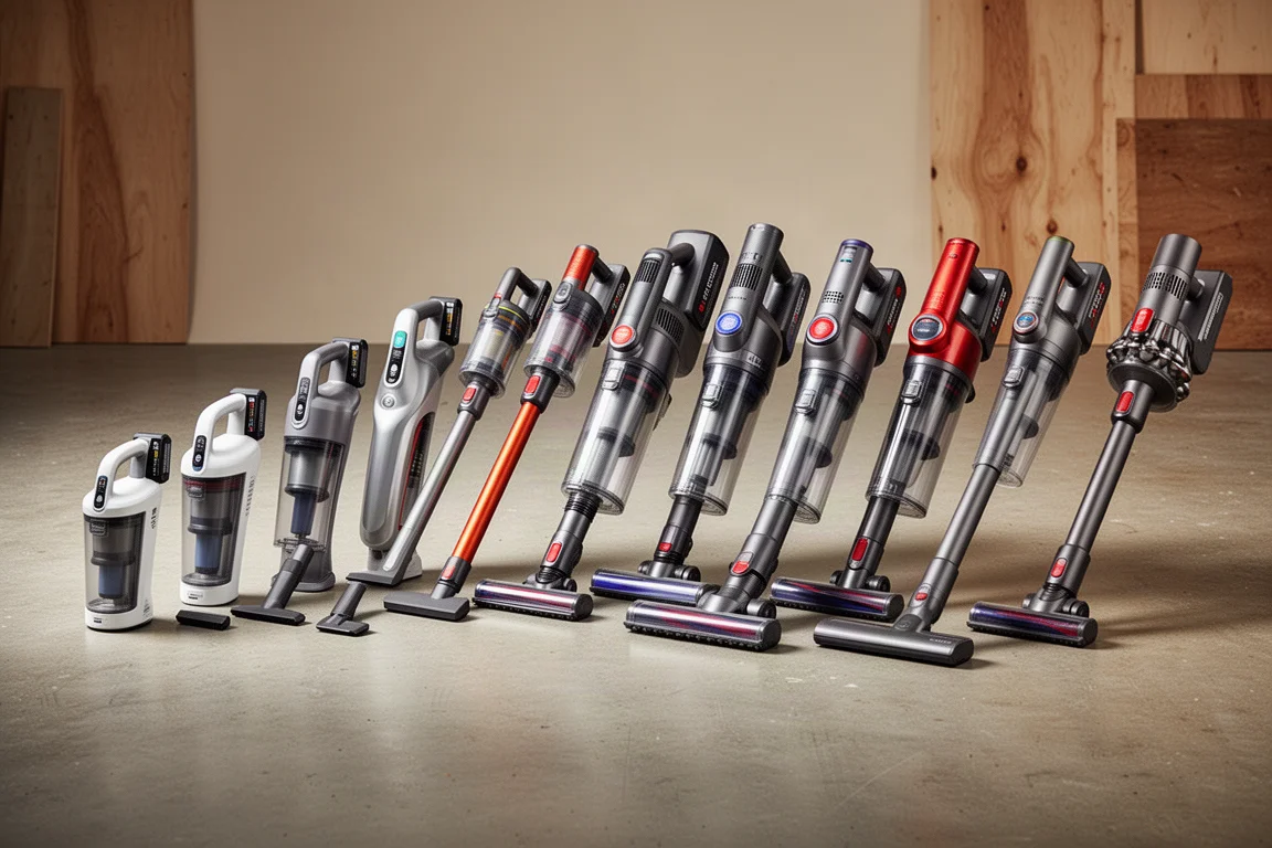 Row of fourteen cordless handheld vacuum cleaners of different sizes on a concrete floor