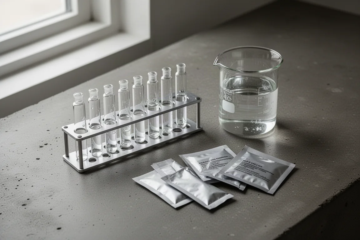 Glasvialer för test i ett ställ med vikta reagenspåsar på en mörk betongbänk