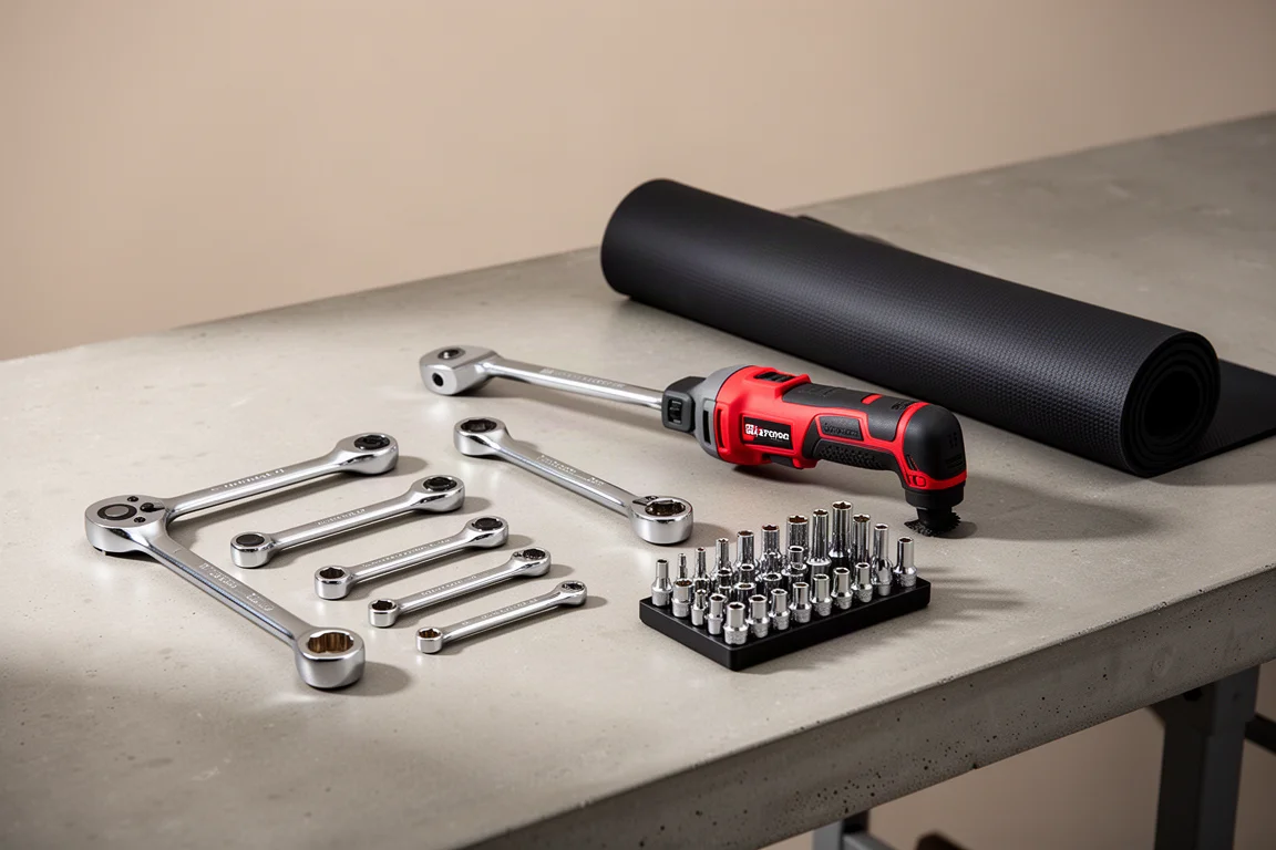 Assortment of chrome ratchets, a cordless multi-tool, sockets and a silicone mat on a concrete workbench