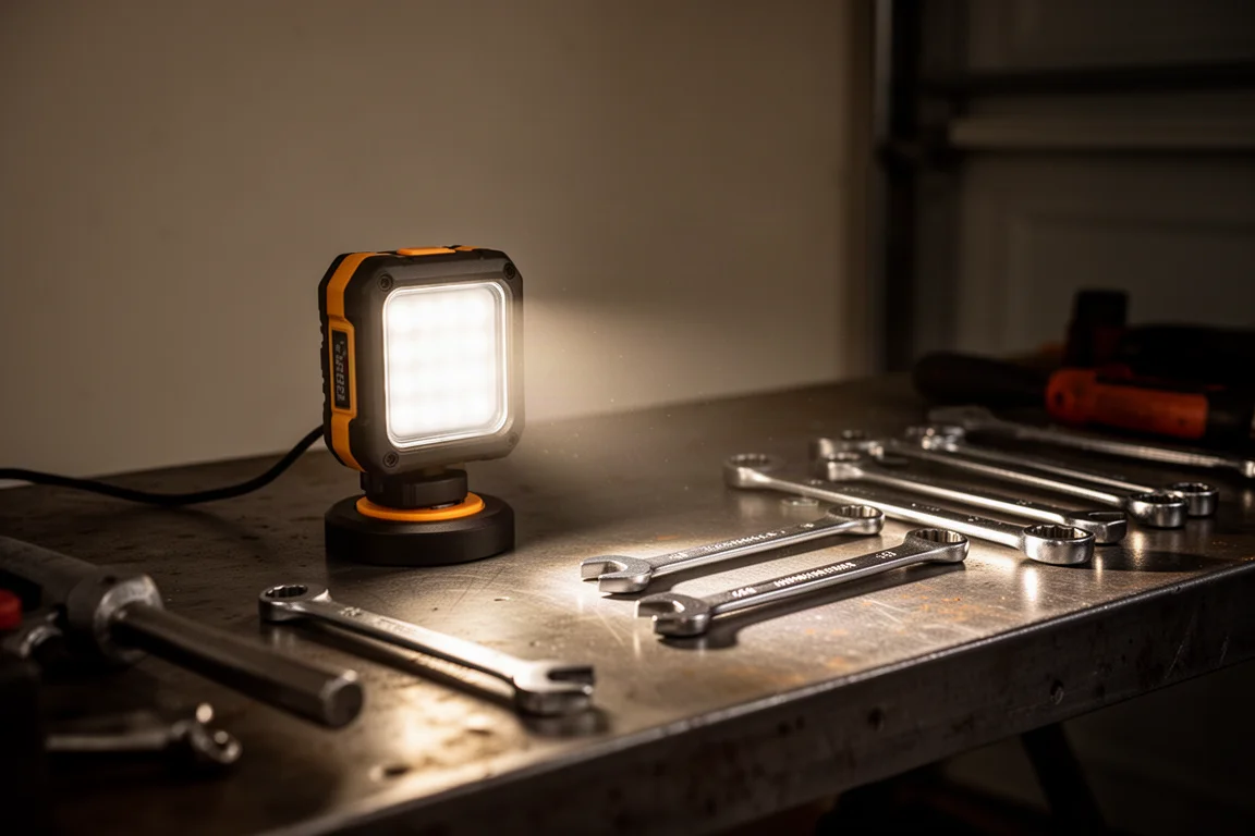 Akumulatorowa lampa robocza LED świecąca nocą na stole warsztatowym w garażu