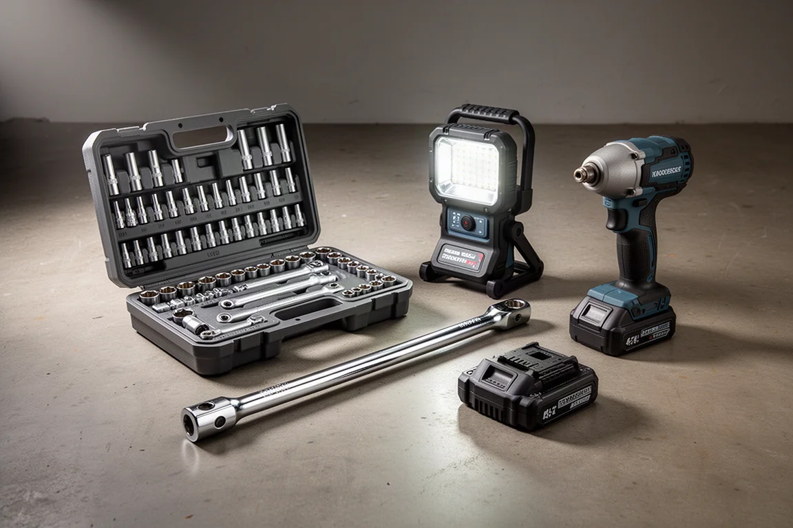 Workshop tools including sockets, breaker bar, work light, and impact driver on concrete