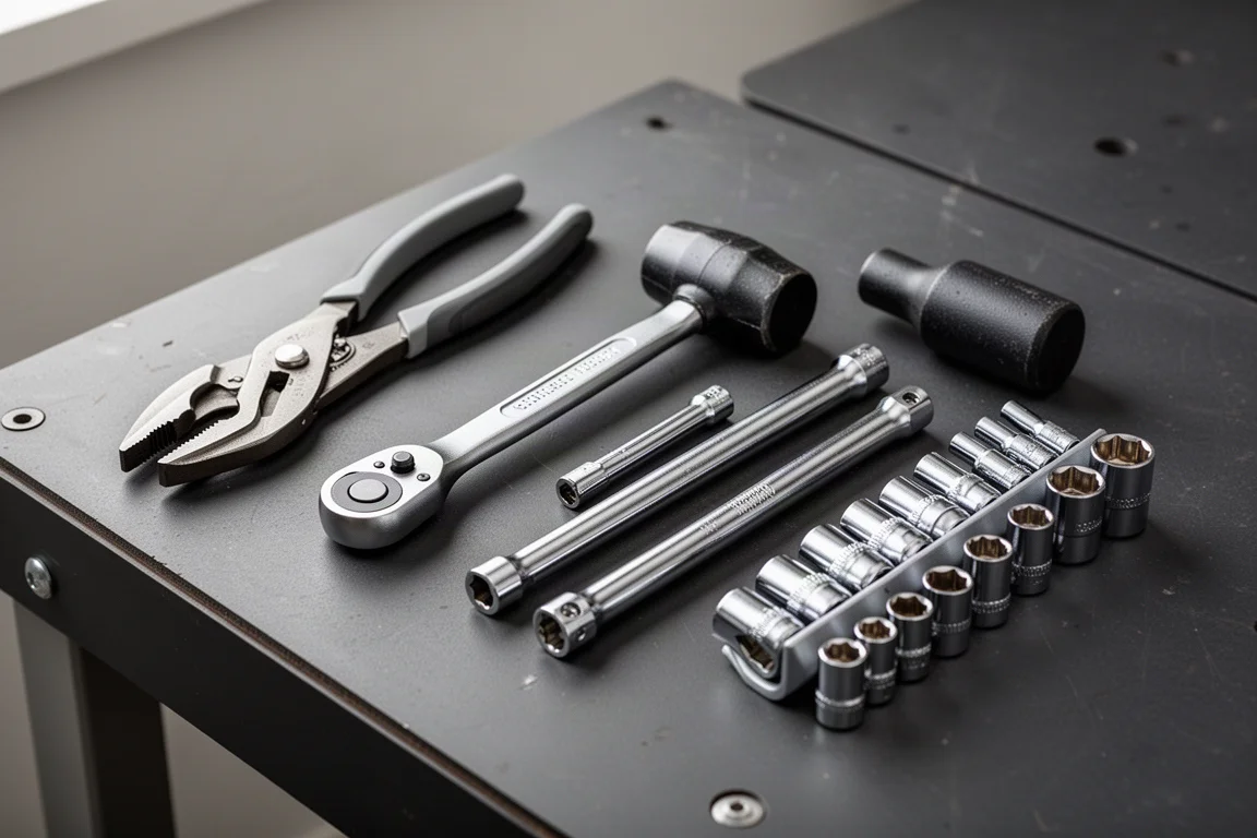 Assorted hand tools including pliers, ratchets, and sockets arranged on a dark workbench