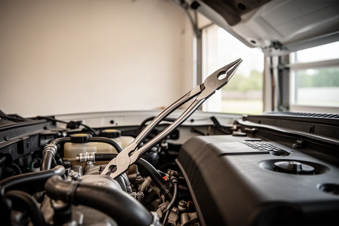 Långnäbbstång som når in i en trång motorgap i motorrummet