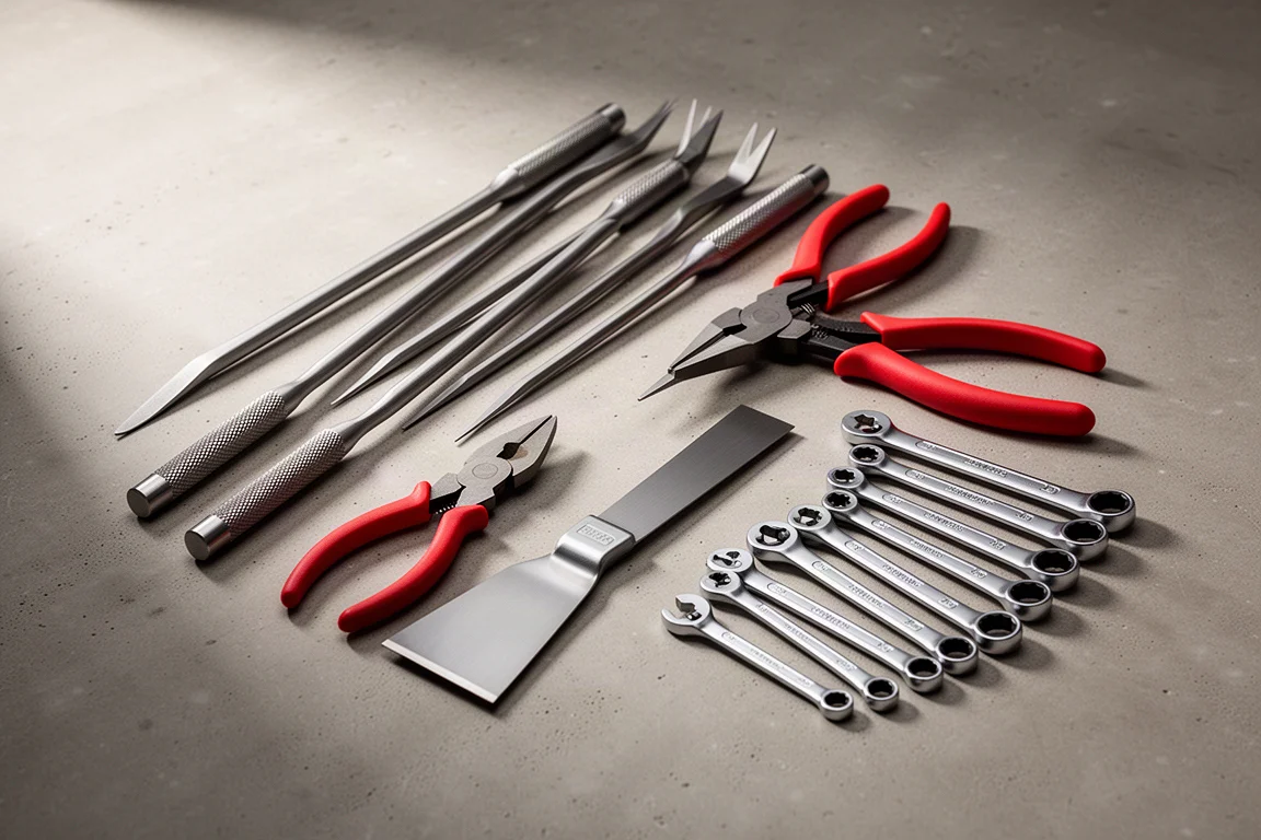 Assorted hand tools including picks, cutters, a scraper, and ratcheting wrenches on a workshop surface