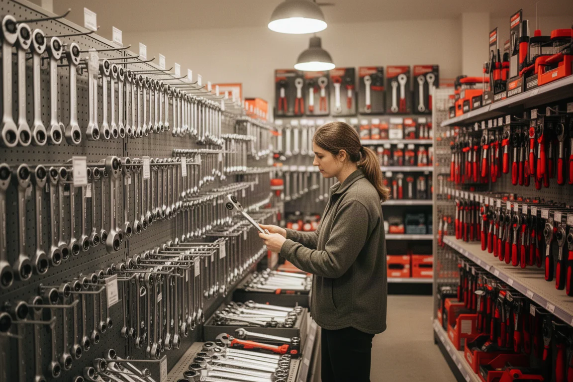Shopper browsing a hand tool aisle with coupons in hand