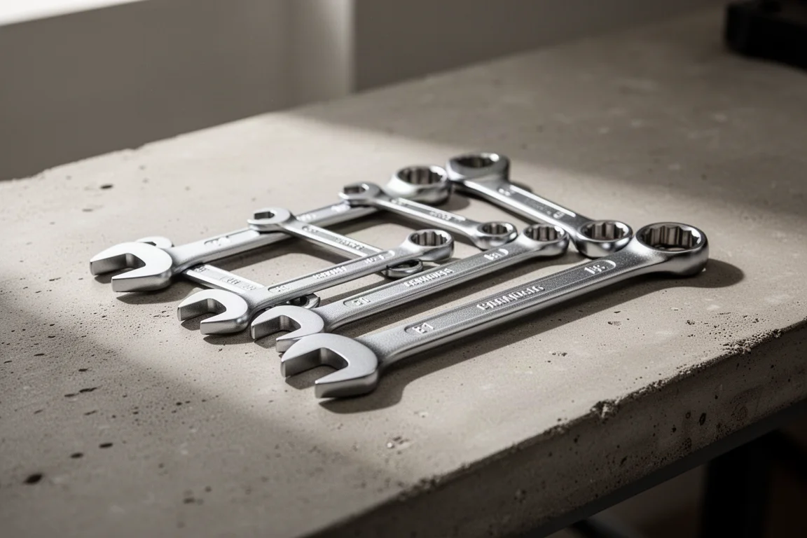 Close-up of hands using combination wrenches on a workbench