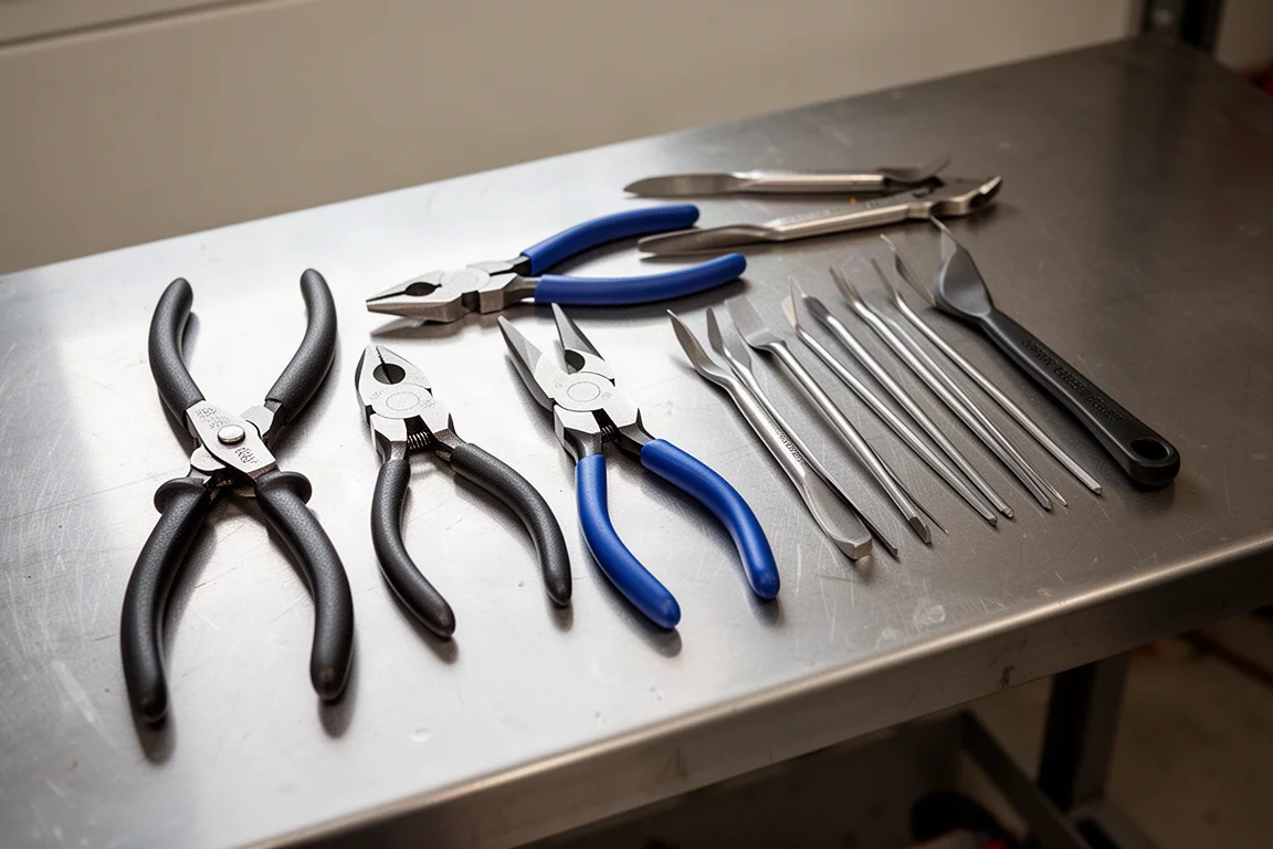Flat-lay of assorted pliers and hand tools on a garage bench