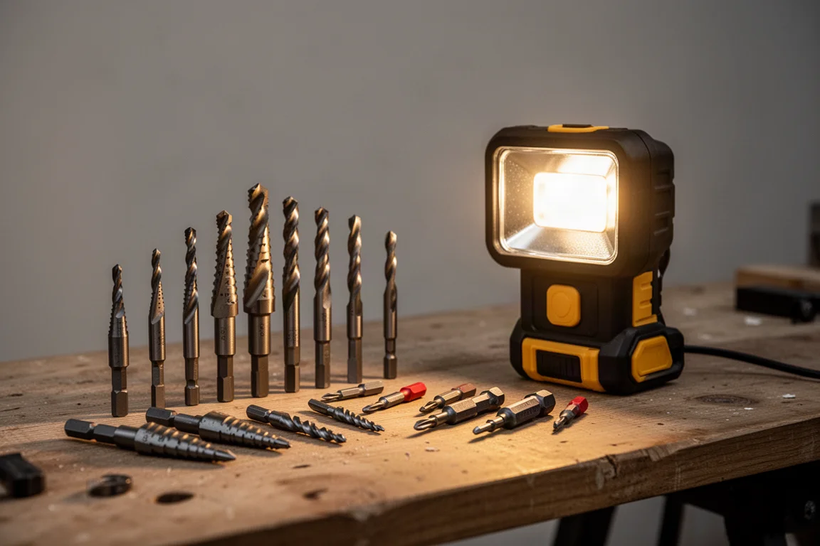 Cordless drill bits and driver accessories arranged on a workshop bench