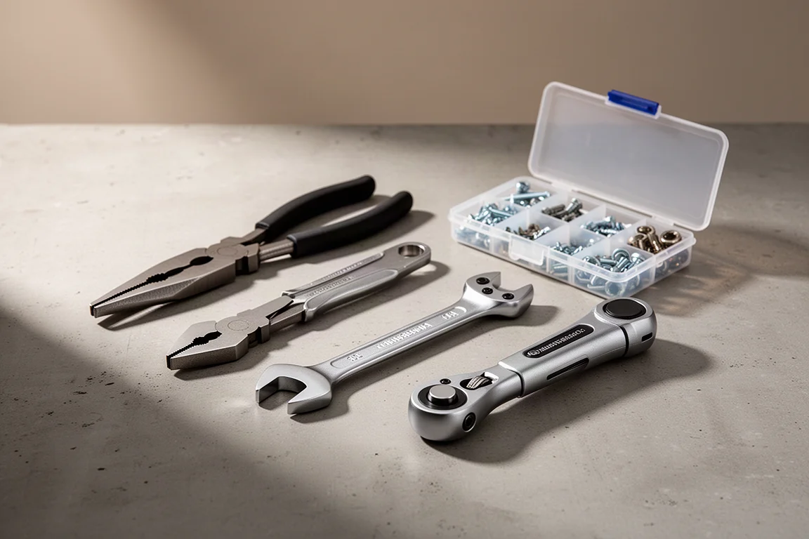 Assorted hand tools and a fastener assortment box arranged on concrete