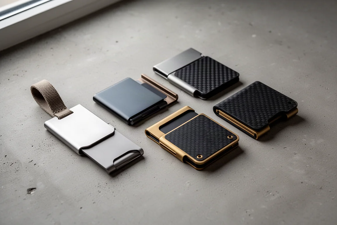 A row of minimalist hard wallets in metal and composite finishes on a concrete surface