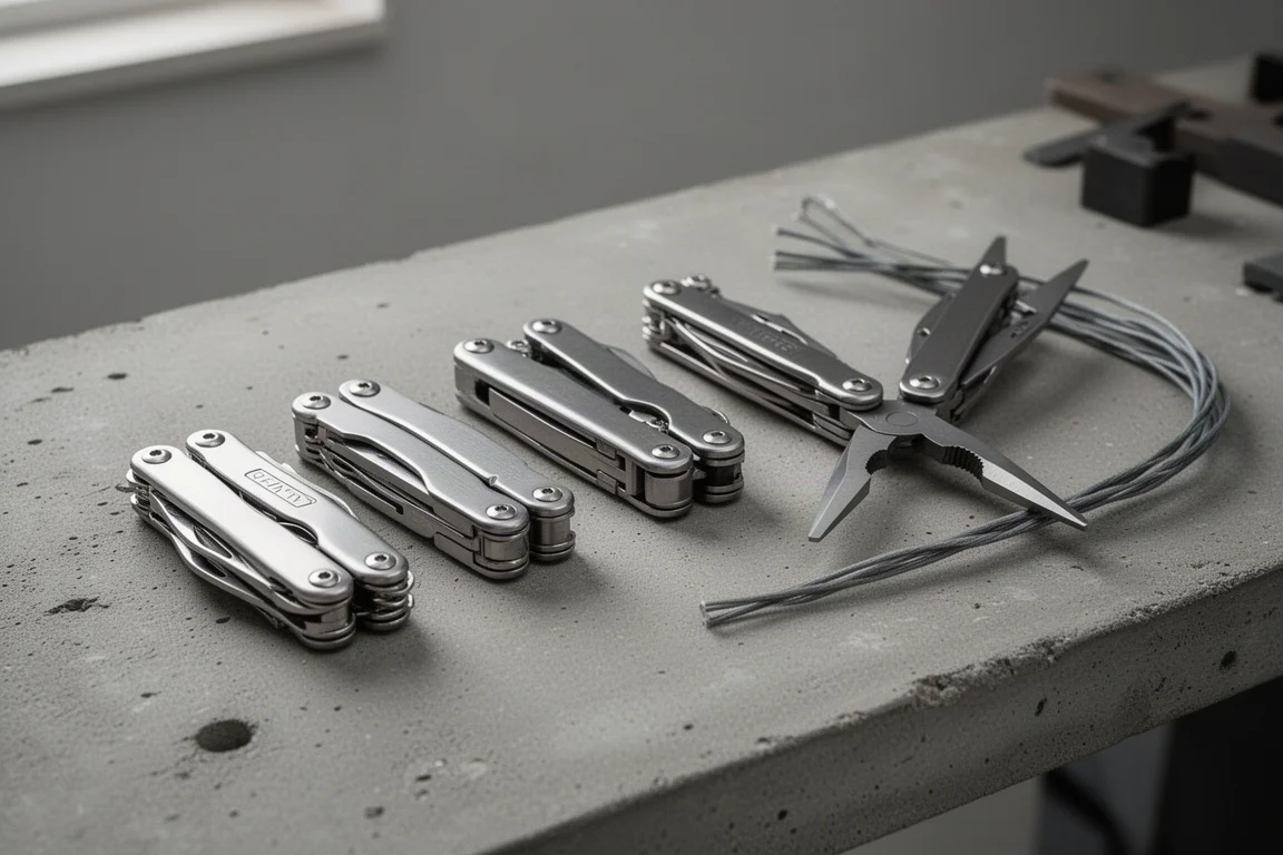 Row of folding multitools on a concrete workbench with a length of wire