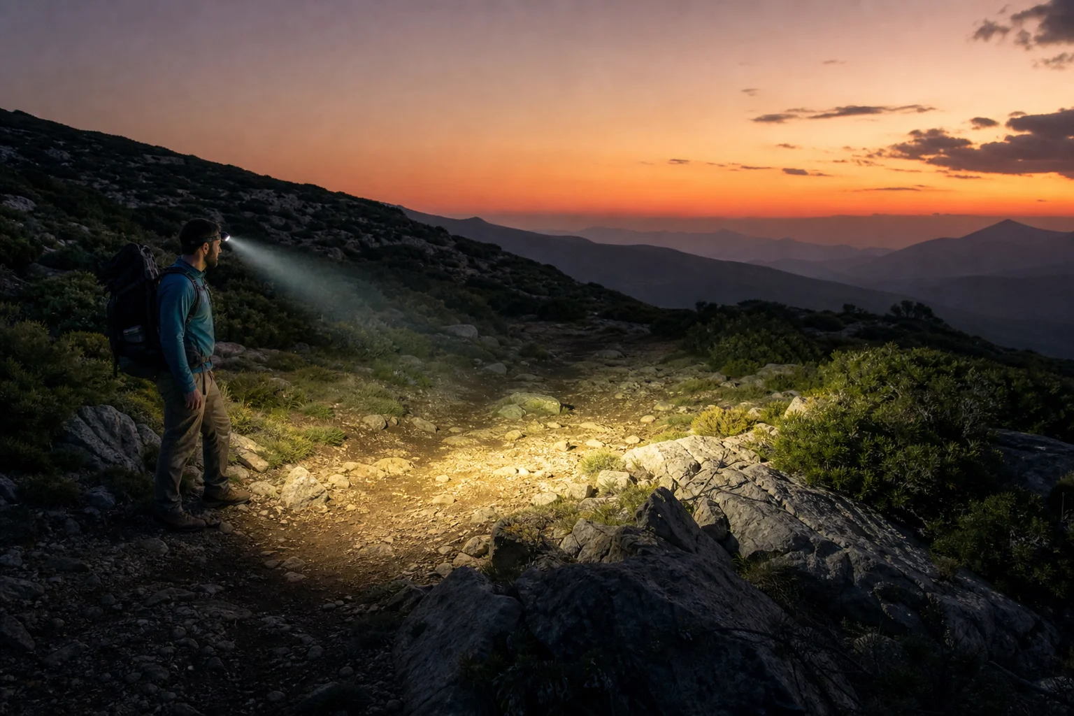 Haz de luz de linterna frontal iluminando un sendero de senderismo al atardecer