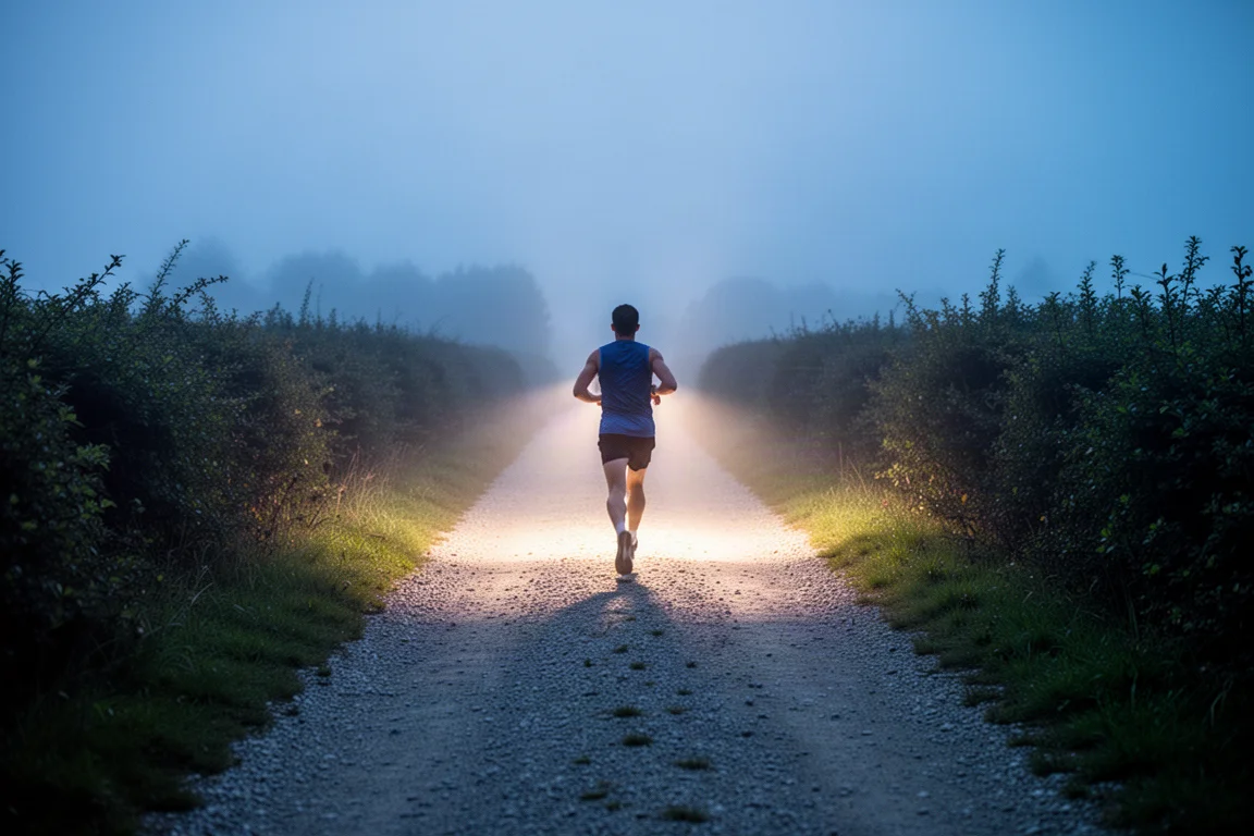 Coureur sur un sentier de gravier au crépuscule avec un large faisceau de lumière éclairant le chemin devant lui