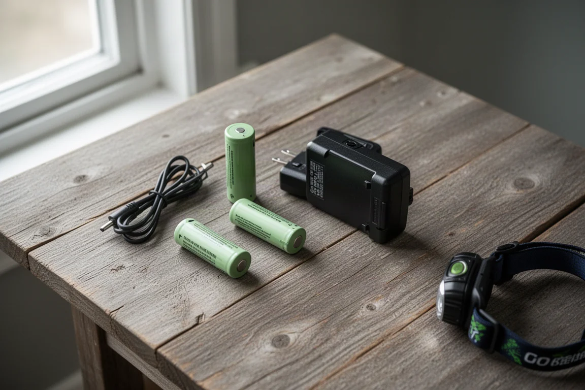 Vue à plat de batteries rechargeables et d'un câble de chargement sur une table en bois
