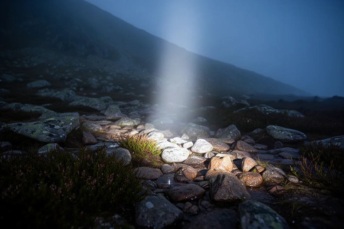 Faisceau étroit d'une lampe frontale éclairant un sol rocailleux la nuit