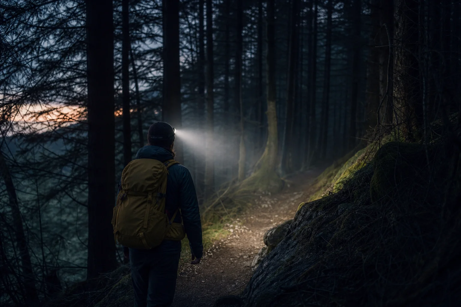 Excursionista navegando por un sendero forestal oscuro con la iluminación de una linterna frontal