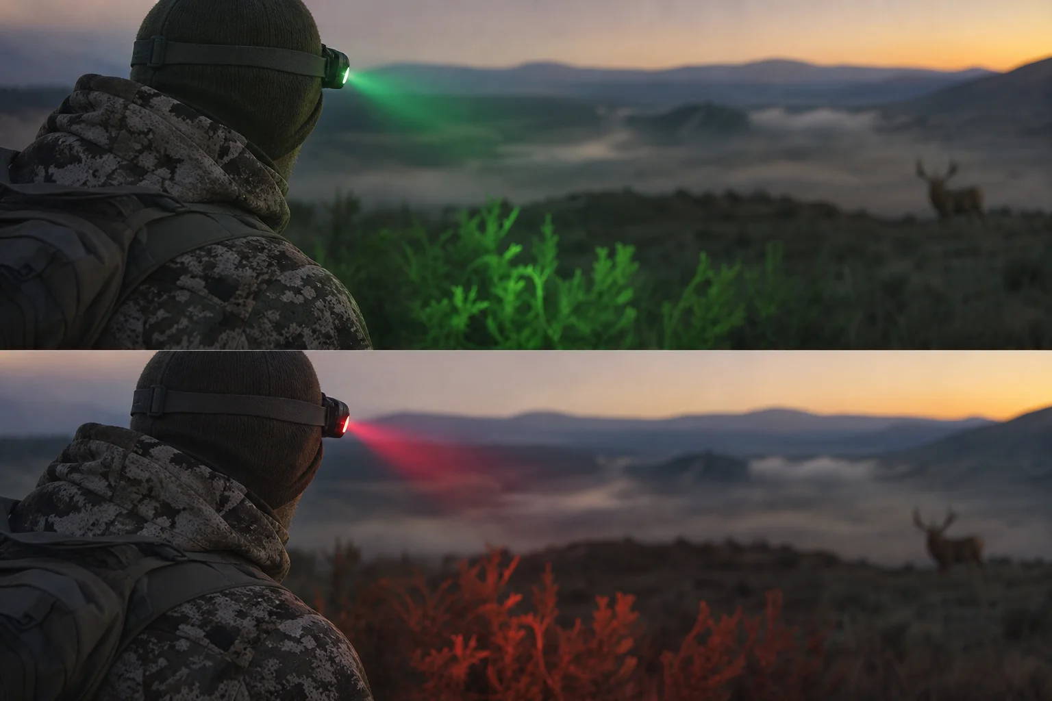 Entusiasta de las actividades al aire libre usando modos de luz de colores en su linterna frontal durante la observación de fauna