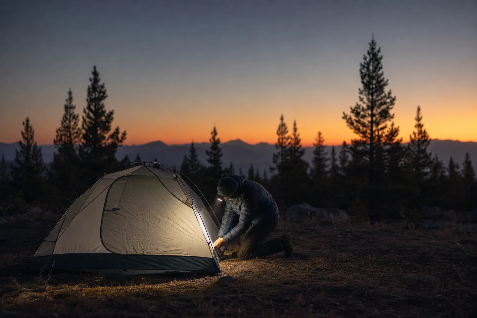 Camper setting up tent at dusk with headlamp illuminating the campsite