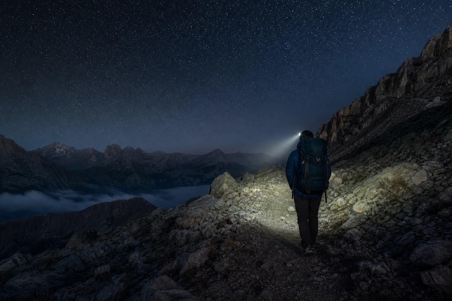 Hiker on mountain trail at night with headlamp beam illuminating the path