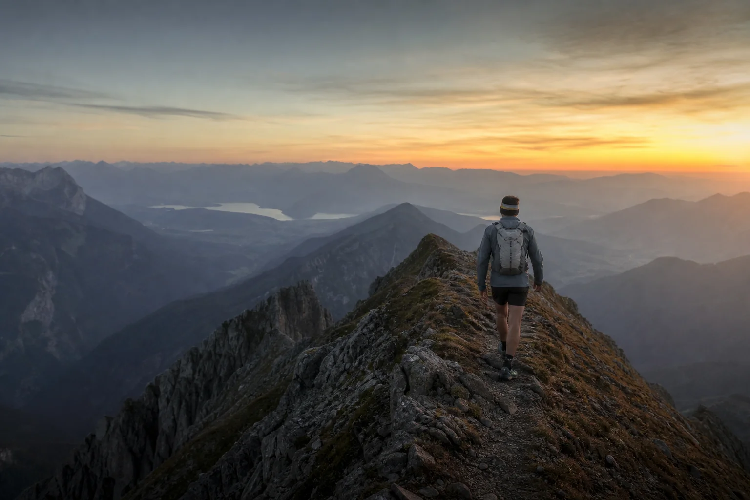 Ultralight backpacker wearing headlamp hiking on mountain ridge at dusk