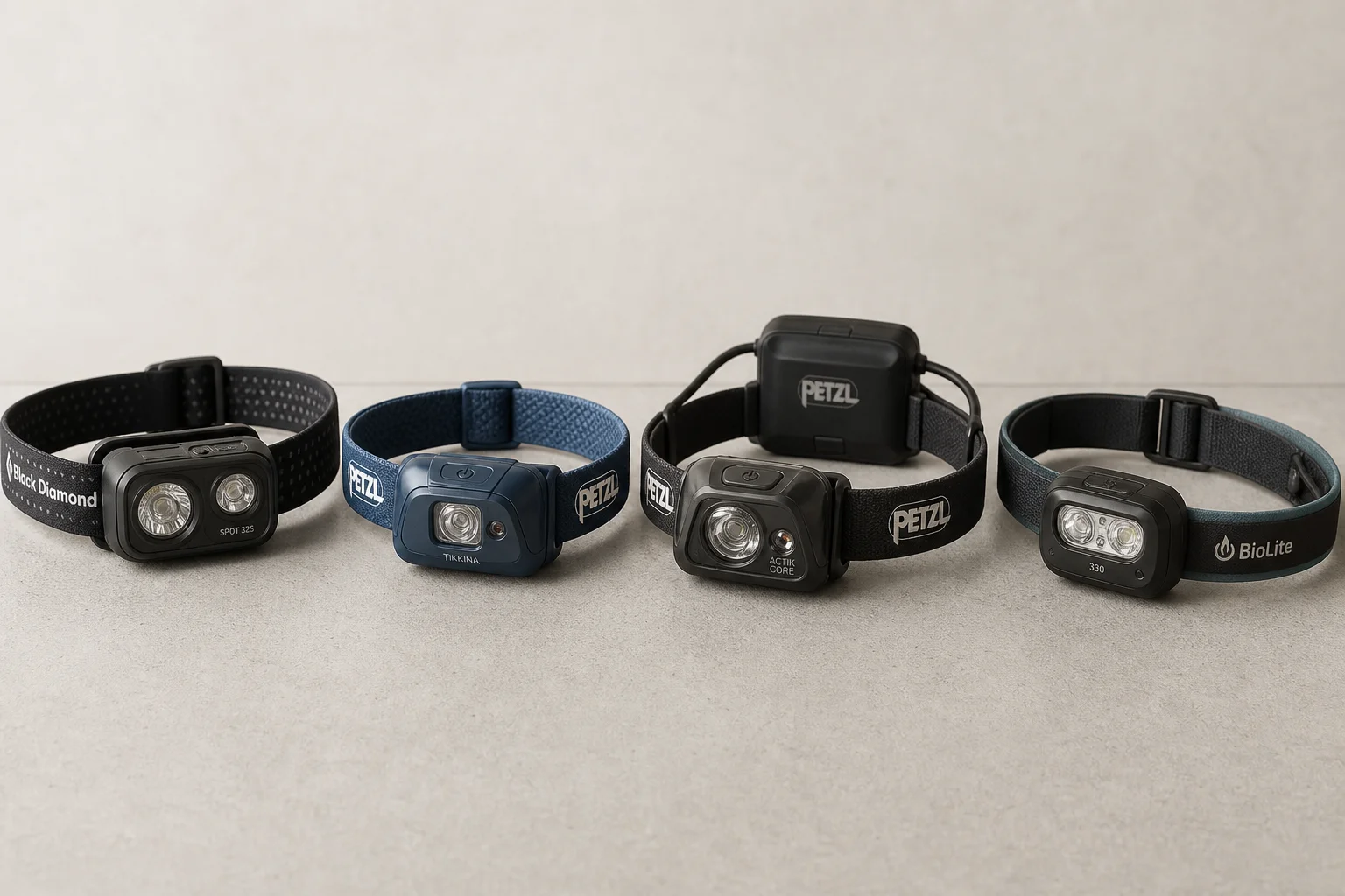 Quattro lampade frontali disposte sul cemento: Black Diamond Spot 325, Petzl Tikkina, Petzl Actik Core e BioLite Headlamp 330