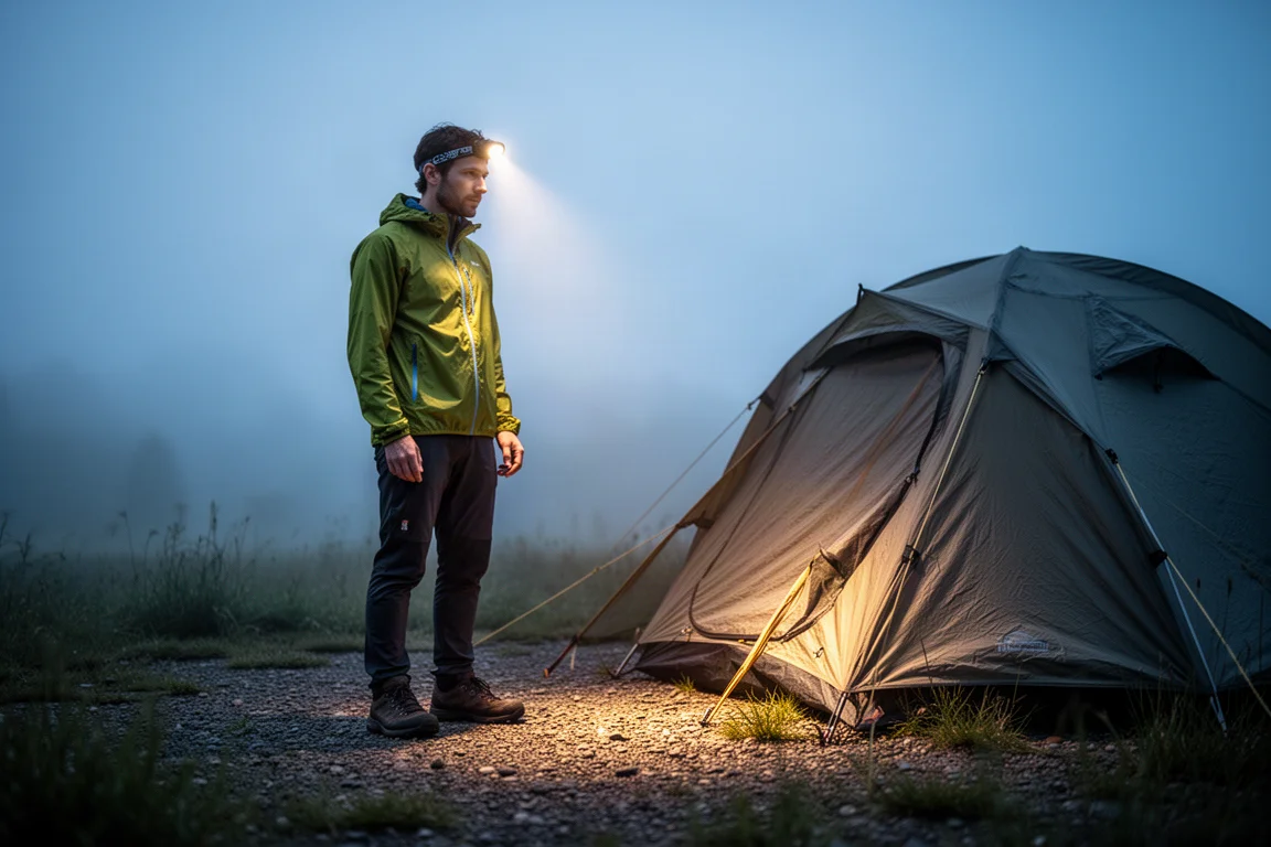 Hiker beside a pitched tent at dusk with a headlamp beam lighting the ground