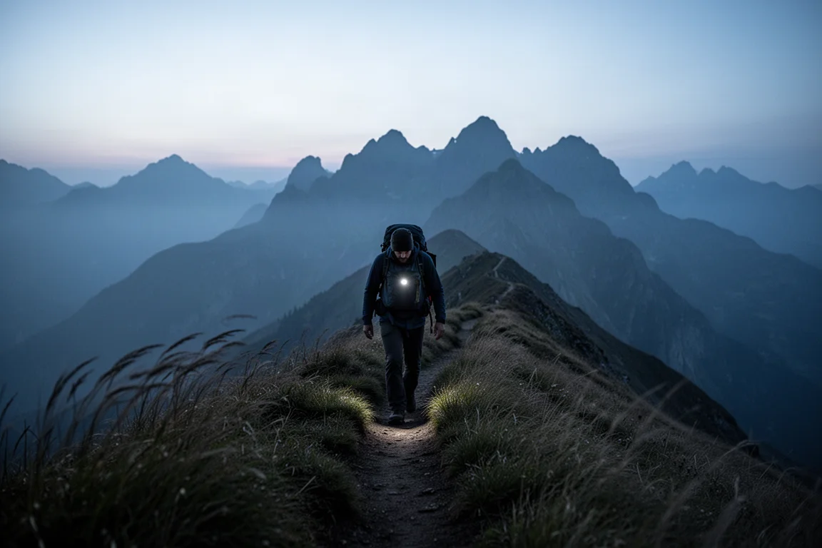 Backpacker walking a ridge trail at blue hour with a small light glowing