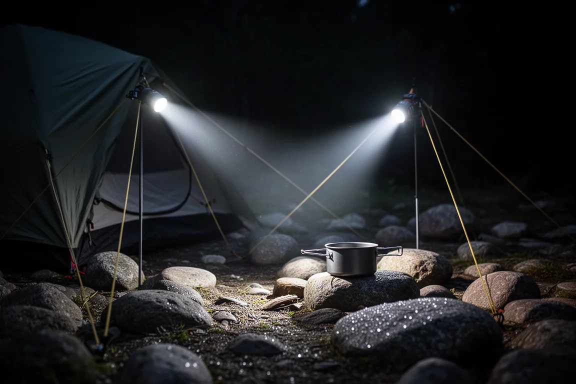 Headlamp beam sweeping across a rocky campsite at night