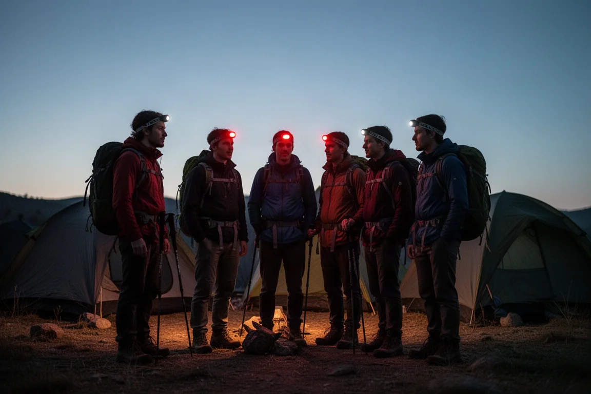 Group of hikers at camp at dusk with faint red headlamp glow