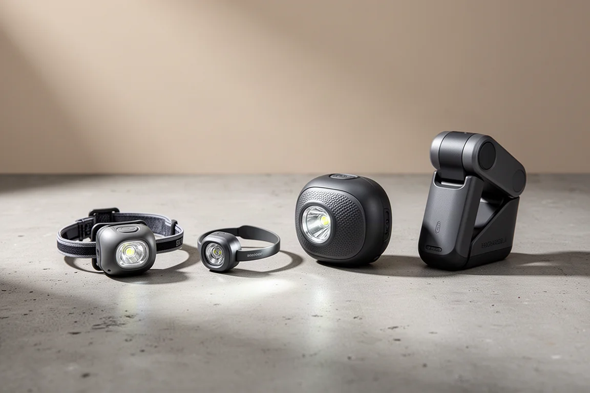 Four hiking headlamps arranged in a row on a matte concrete surface