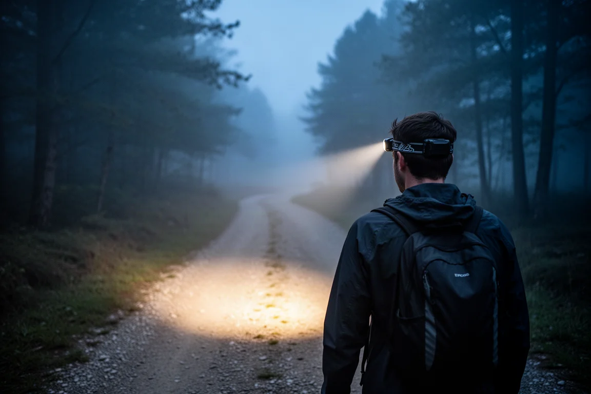 Personne portant une lampe frontale lors d'une randonnée nocturne avec un faisceau chaud éclairant le sentier