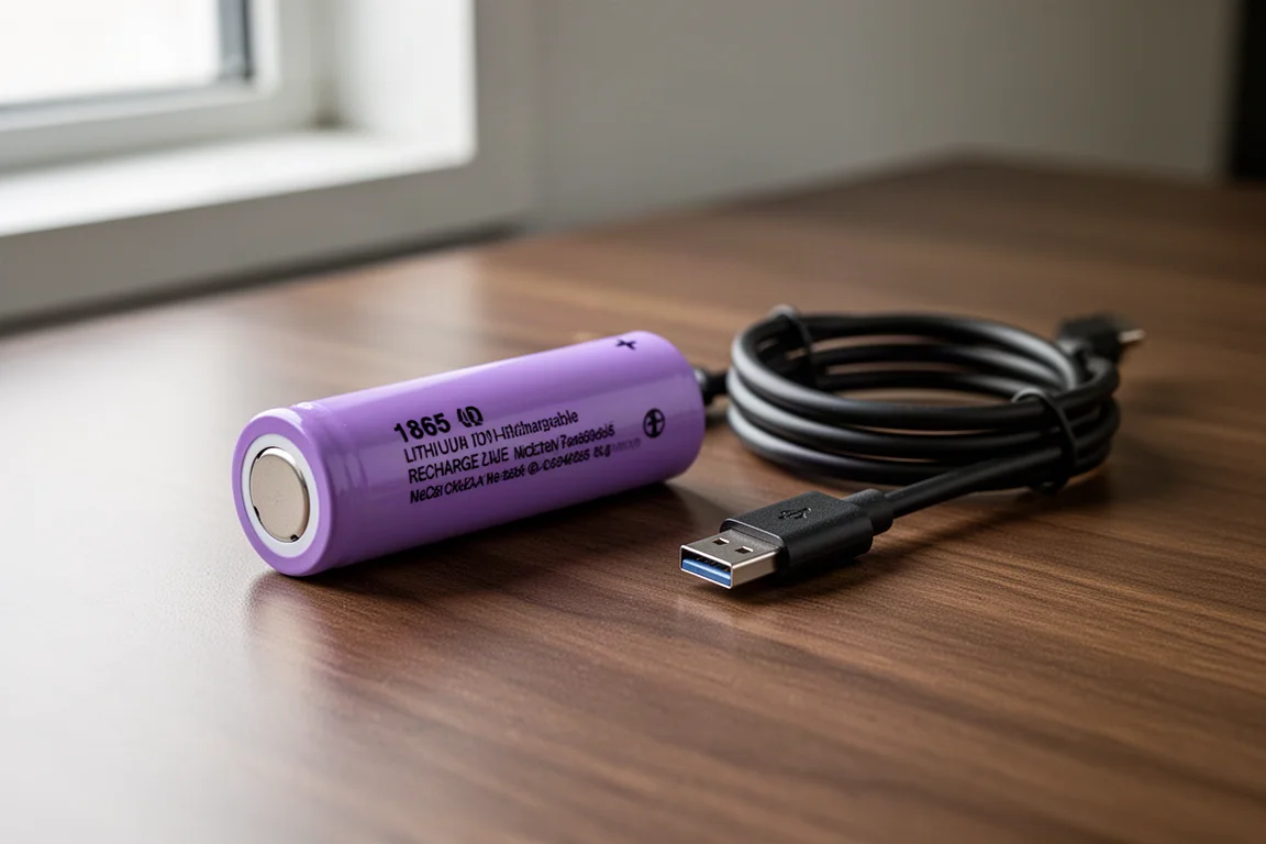 Batterie rechargeable 18650 à côté d'un câble USB-C sur un bureau en bois