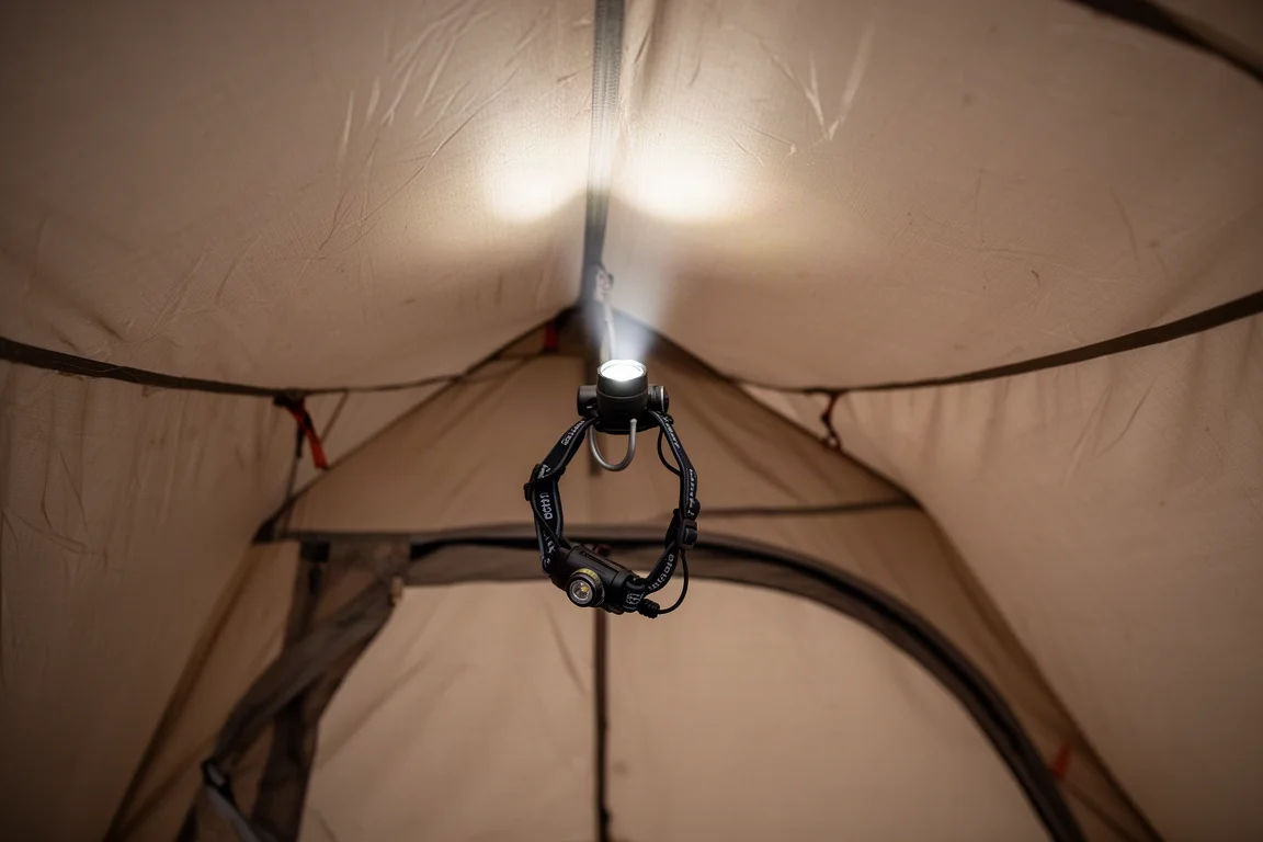 Faisceau d'une lampe frontale dirigé vers le haut contre le plafond d'une tente, créant une lumière d'ambiance douce