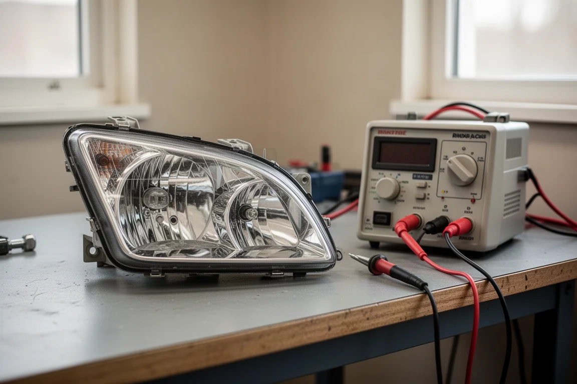 Car headlamp assembly on a workbench during bulb testing