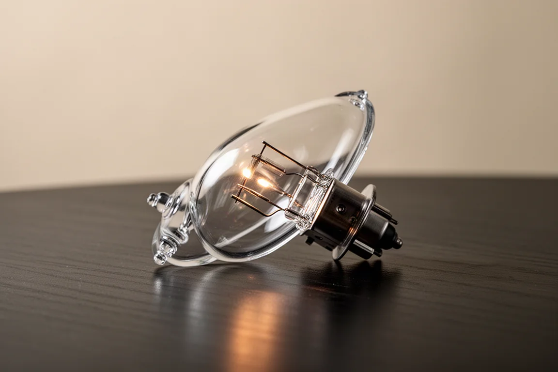 Halogen headlight bulb close-up glowing warm on a bench