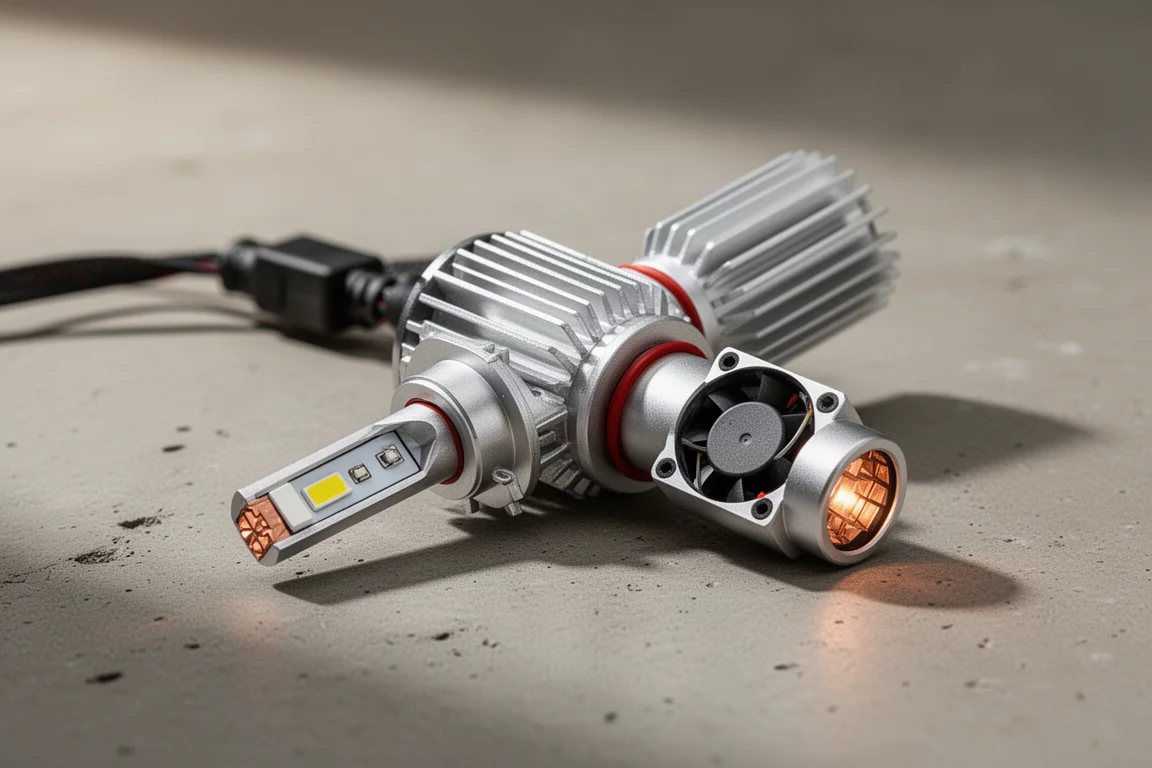 LED headlight conversion bulb with finned aluminum heat sink and cooling fan