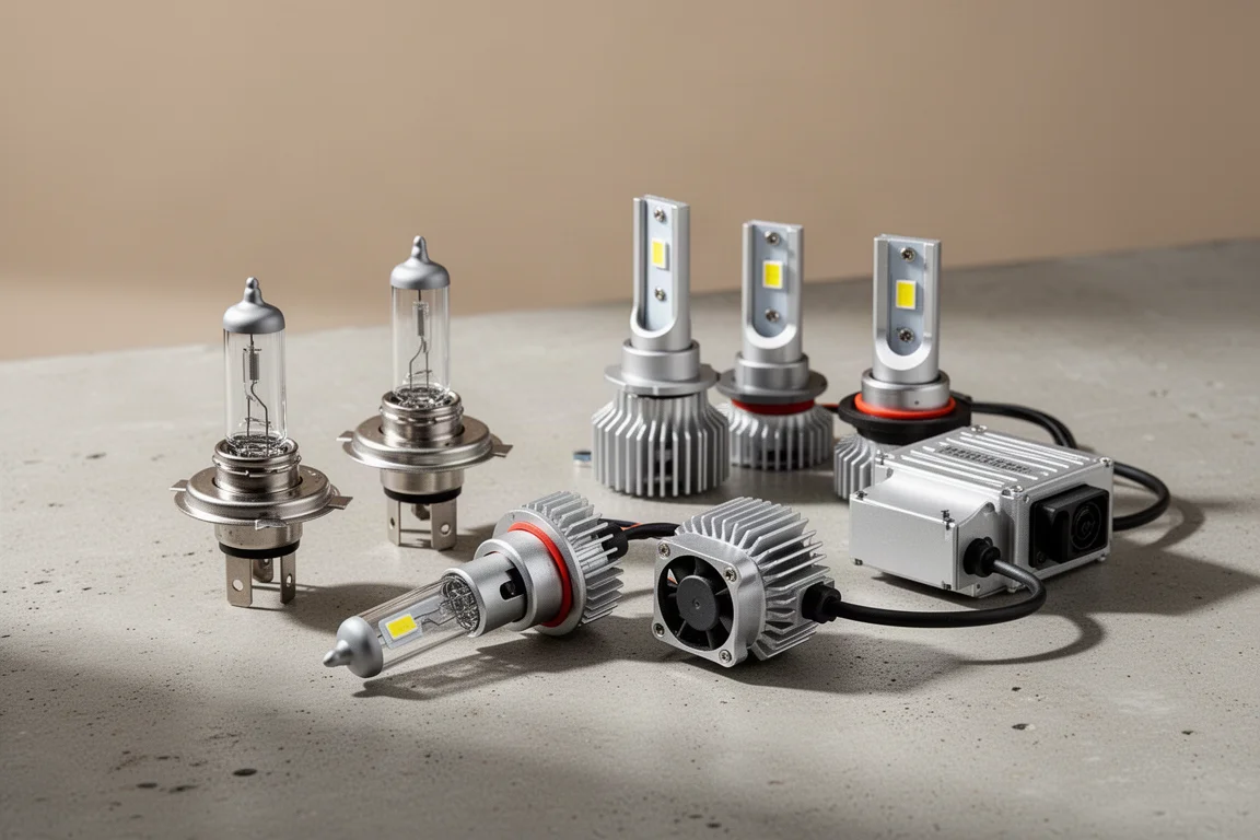Halogen and LED automotive headlight bulbs arranged on a concrete surface