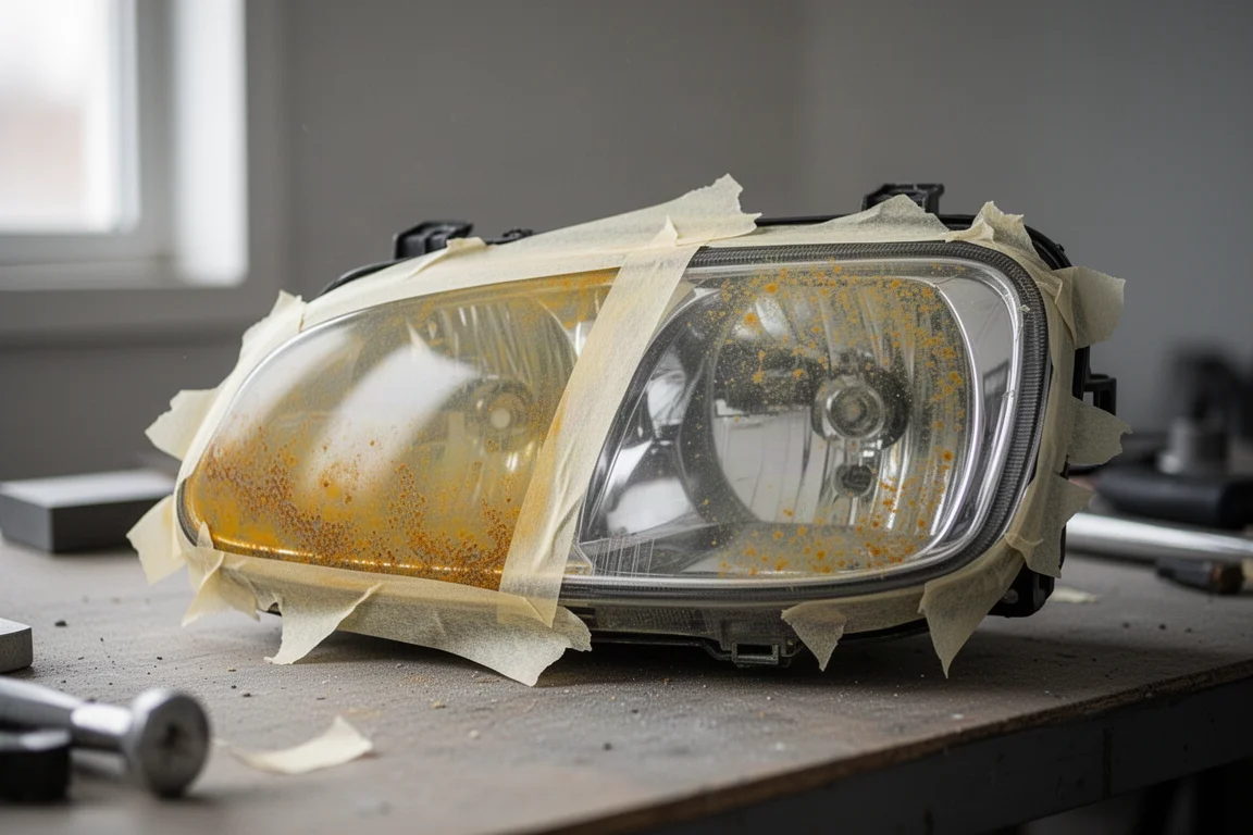 Cloudy yellowed car headlight lens next to a clear restored one on a workbench