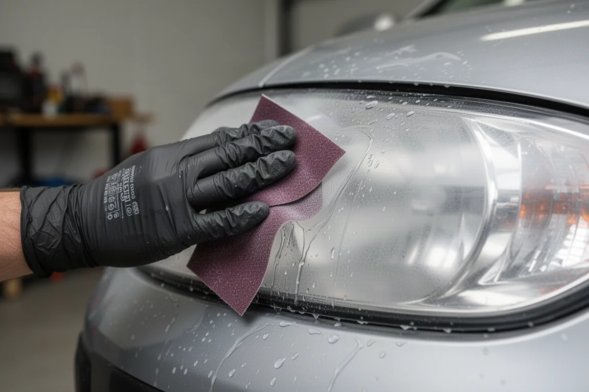 Hand wet sanding a headlight lens with fine sandpaper and water