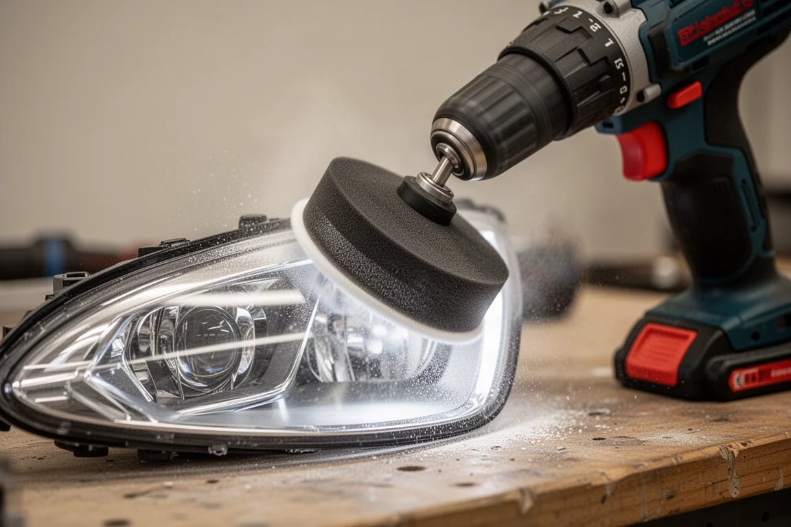 Cordless drill with foam polishing pad working on a headlight lens